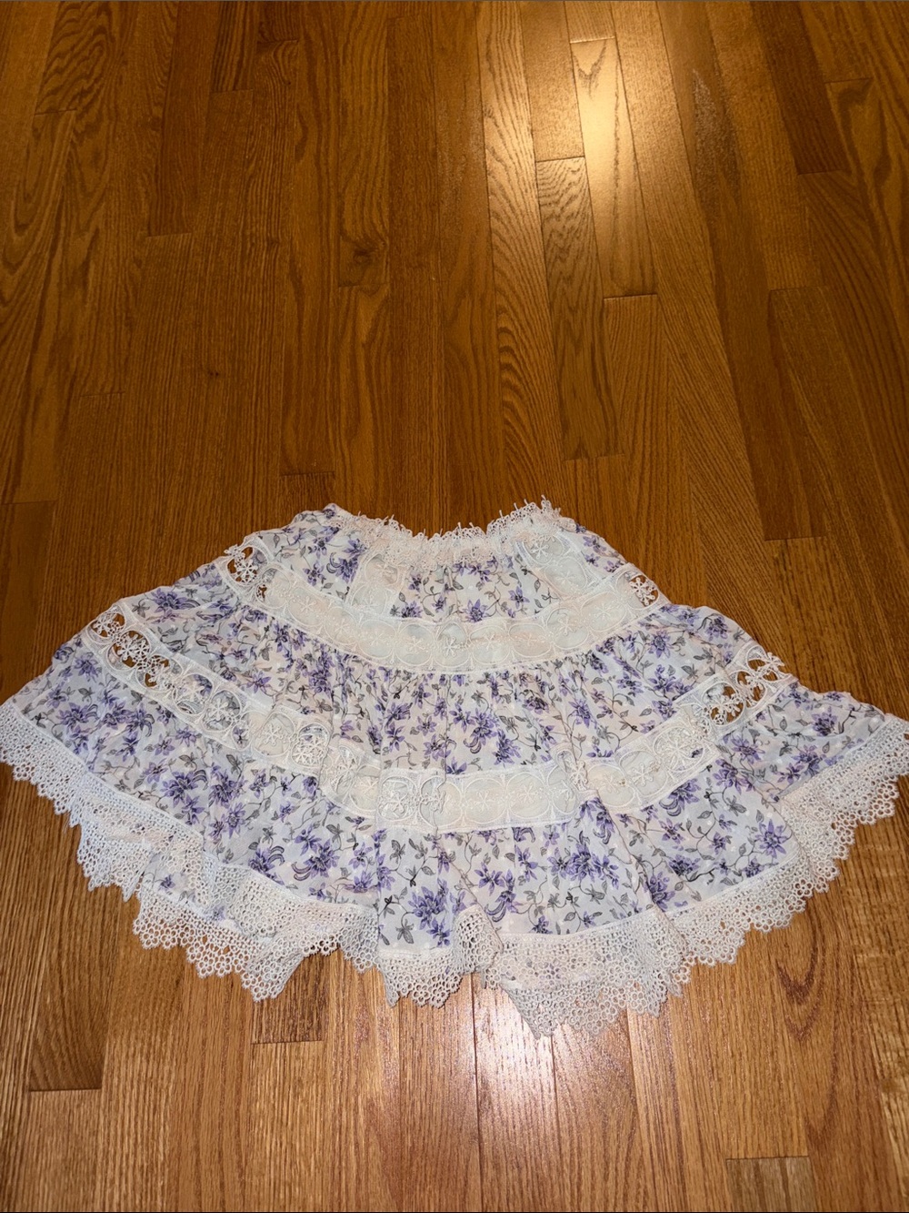 Olivaceous White and Lavender Floral Lace-Tier Skirt